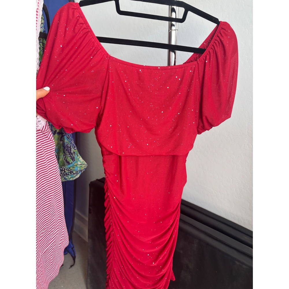 Red Glitter Ruched Mini Dress Puff Sleeve Bodycon Sparkly Cocktail Party Dress